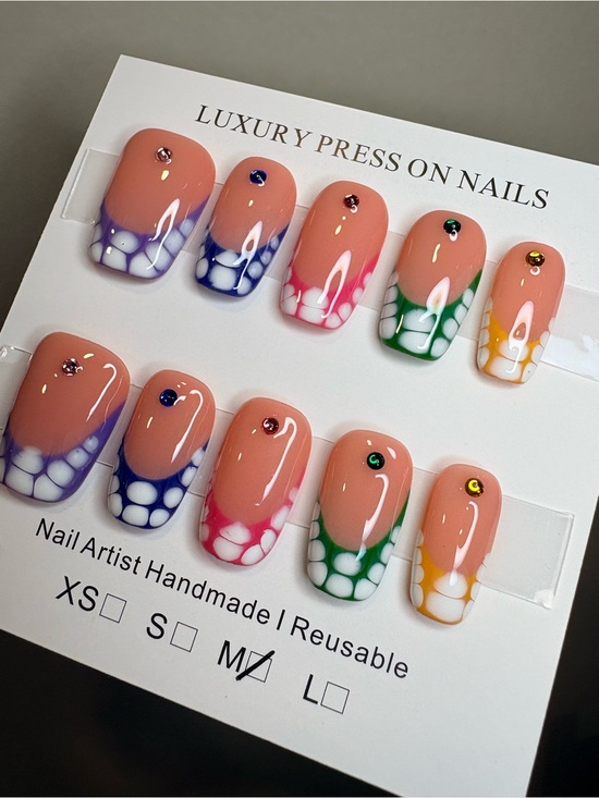 Other - Peach Bubble French Press-On Nails with Multicolor Tips
